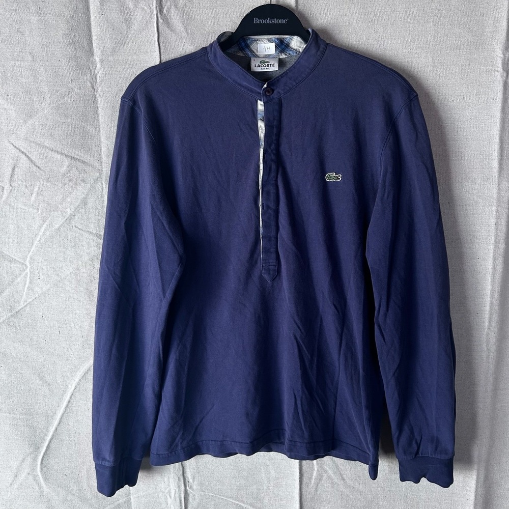 Lacoste Mens Slim Fit Band Collar Long Sleeve Shirt Navy Blue Elbow Patches S